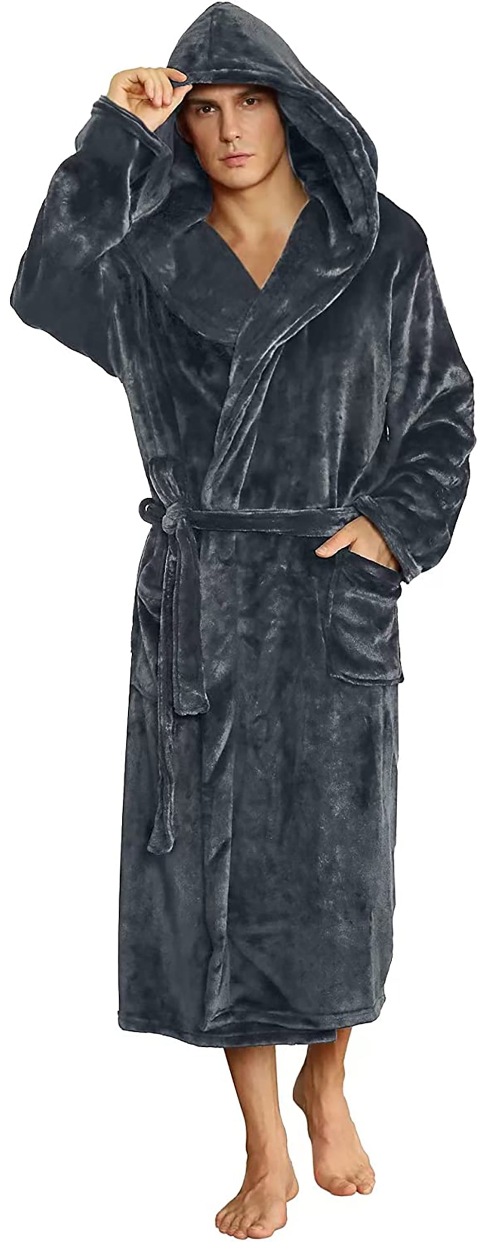 U2SKIIN Mens Hooded Robe, Plush Soft Warm Mid Length Fleece Bathrobe