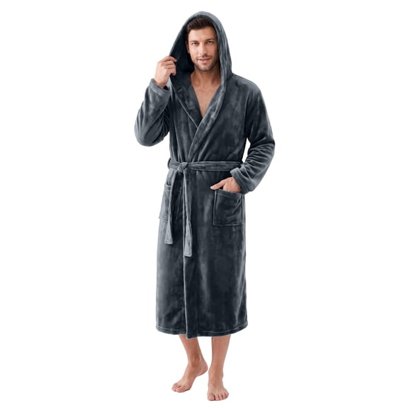 U2SKIIN Mens Hooded Robe, Plush Soft Warm Mid Length Fleece Bathrobe for Men (Dark Grey Hooded,L-XL)