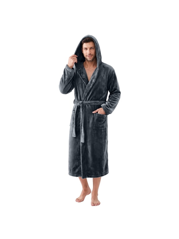 Mens Hooded Robe, Plush Soft Warm Mid Length Fleece Bathrobe for Men (Dark Grey Hooded,L-XL)