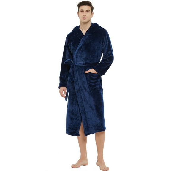 U2SKIIN Mens Hooded Robe, Plush Soft Warm Mid Length Fleece Bathrobe for Men (Navy Hooded,2XL-3XL)