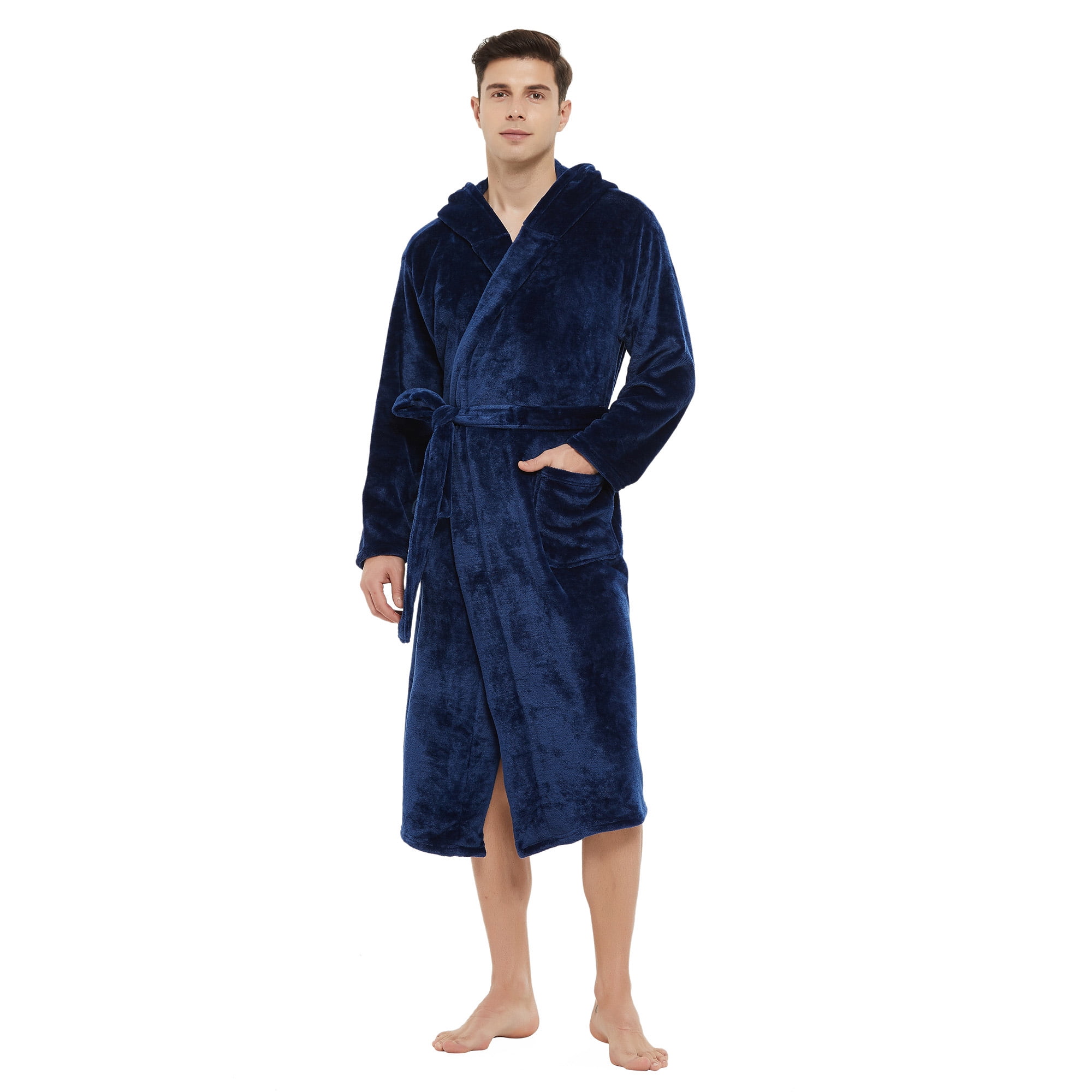 U2SKIIN Mens Hooded Robe, Plush Soft Warm Mid Length Fleece Bathrobe
