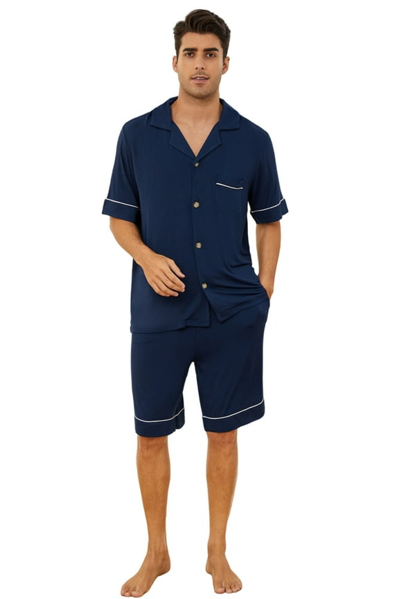 Mens Pajama Set, Lightweight Button-up Short Pajama Set for Men(Navy, L)