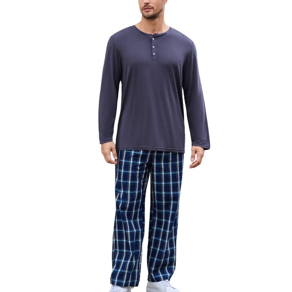 U2SKIIN Mens Pajama Set Long Sleeve, Pajamas Made from Bamboo Pulp Viscose and Cotton Lightweight PJS for Men(Dark Grey+Dark Blue Plaid,L)