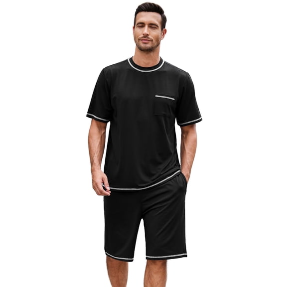 U2SKIIN Mens Pajama Set, Short Sleeve Lightweight Sleepwear Soft Nightwear Set With Pocket,(Black,L)
