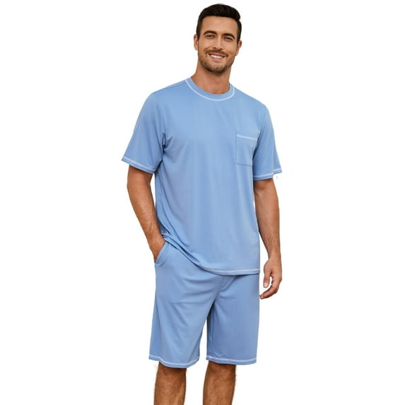 U2SKIIN Mens Pajama Set, Short Sleeve Lightweight Sleepwear Soft Nightwear Set With Pocket,(Grey Blue,S)