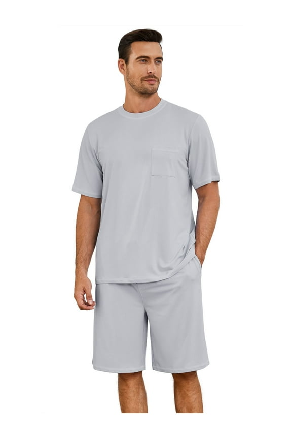 Mens Pajama Set, Short Sleeve Lightweight Sleepwear Soft Nightwear Set With Pocket,(Light Grey,M)