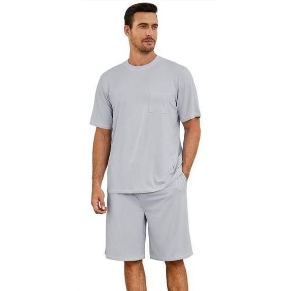 U2SKIIN Mens Pajama Set, Short Sleeve Lightweight Sleepwear Soft Nightwear Set With Pocket,(Light Grey,XL)