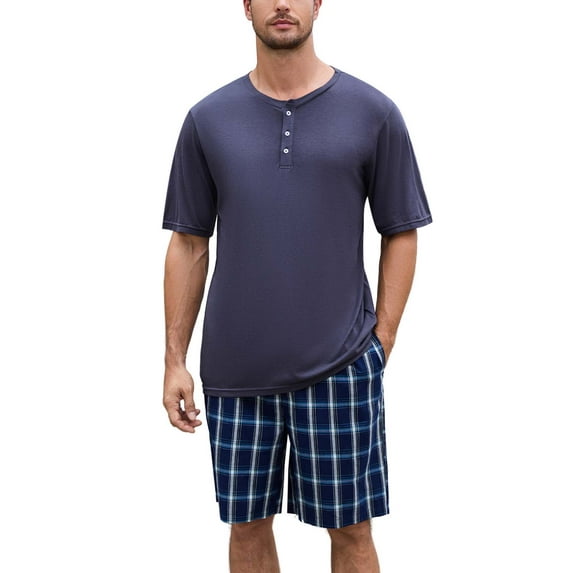 U2SKIIN Mens Pajama Set Short Sleeve, Pajamas Made from Bamboo Pulp Viscose and Cotton Lightweight PJS for Men(Dark Grey+Dark Blue Plaid, L)
