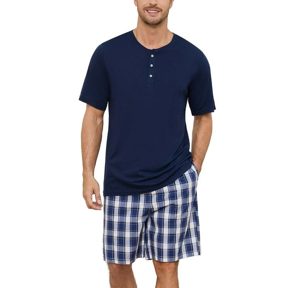 U2SKIIN Mens Pajama Set Short Sleeve, Pajamas Made from Bamboo Pulp Viscose and Cotton Lightweight PJS for Men(Navy+Navy Plaid, L)