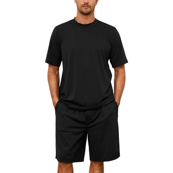U2SKIIN Mens Pajama Set, Short Sleeved Pajamas Set for Men Lounge Sleepwear with Pockets (Black, L)