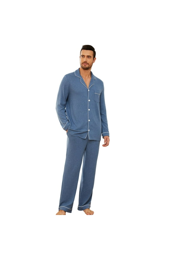 Mens Pajama Sets, Ultra Soft Button Down Loungewear Long Sleeve Pjs Sets,(Dark Navy Mel.M)