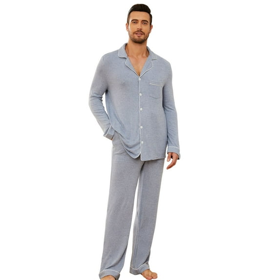 U2SKIIN Mens Pajama Sets, Ultra Soft Button Down Loungewear Long Sleeve Pjs Sets,(Navy Mel.M)