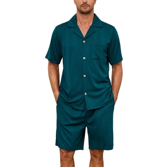 U2SKIIN Mens Pajamas Set, Lightweight Button-Down Short Sleeve Sleepwear 2-Piece for Men (Dark Green, XL)
