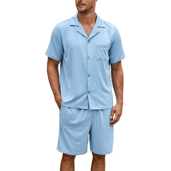 U2SKIIN Mens Pajamas Set, Lightweight Button-Down Short Sleeve Sleepwear 2-Piece for Men (Grey Blue, L)