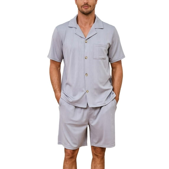 U2SKIIN Mens Pajamas Set, Lightweight Button-Down Short Sleeve Sleepwear 2-Piece for Men (Light Grey, XL)