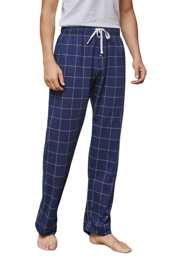 Mens Pliad Cotton Pajama Pants, Lightweight Sleep Pants for Men(Plaid-Navy, L)
