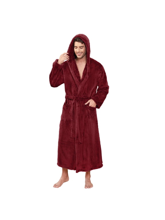 Mens Robe Big and Tall with Hood,Full Length Plush Robe for Men Long Fleece Bathrobe(Burgundy, 2XL/3XL)