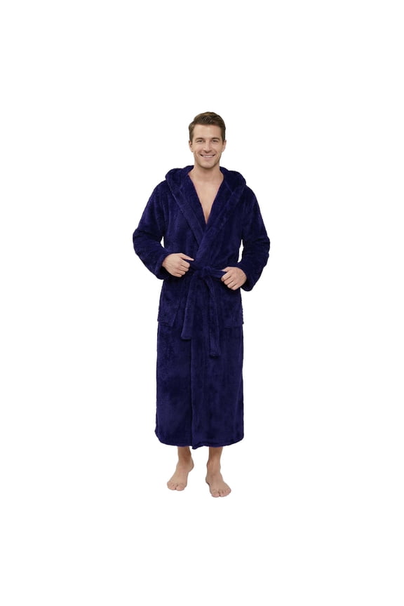 Mens Robe Big and Tall with Hood,Full Length Plush Robe for Men Long Fleece Bathrobe(Navy, 2XL/3XL)
