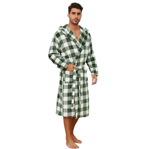U2SKIIN Mens Robe with Hood, Fleece Bathrobe Plush Robes for Men(Buffalo Plaid-Green,XX-3X-Large)