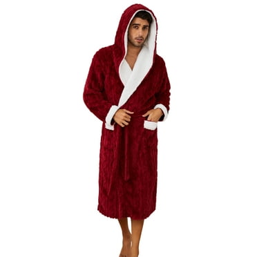 U2SKIIN Mens Robe with Hood,Full Length Plush Robe for Men Contrast Thick Fleece Bathrobe (Burgundy, Large-X-Large)