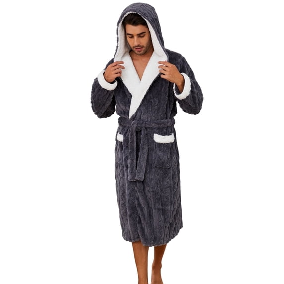 U2SKIIN Mens Robe with Hood,Full Length Plush Robe for Men Contrast Thick Fleece Bathrobe (Dark Grey, Small-Medium)