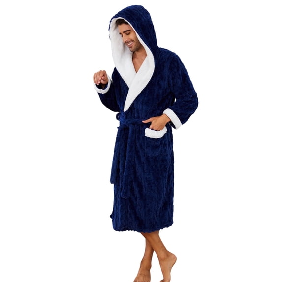 U2SKIIN Mens Robe with Hood,Full Length Plush Robe for Men Contrast Thick Fleece Bathrobe (Navy, XX-3X-Large)