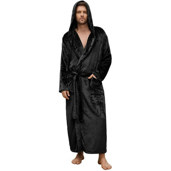 U2SKIIN Mens Robe with Hood,Full Length Plush Robe for Men Fleece Bathrobe(Black, Small-Medium)