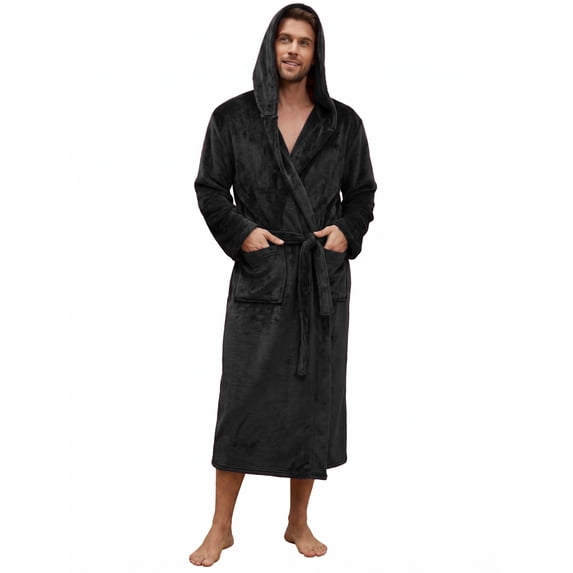 U2SKIIN Mens Robe with Hood,Full Length Plush Robe for Men Fleece Bathrobe(Black, Small-Medium)