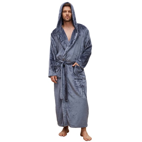 Mens Robe with Hood,Full Length Plush Robe for Men Fleece Bathrobe(DARK Grey, Large-X-Large)