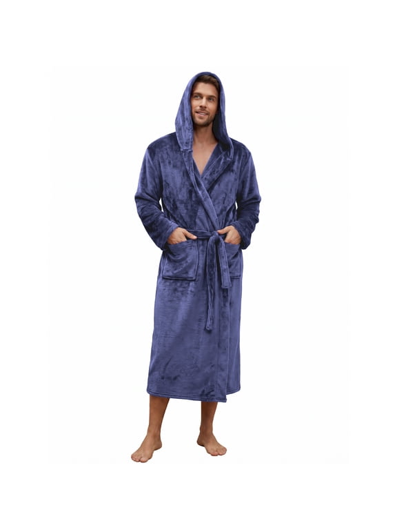 Mens Robe with Hood,Full Length Plush Robe for Men Fleece Bathrobe(Navy, Large-X-Large)