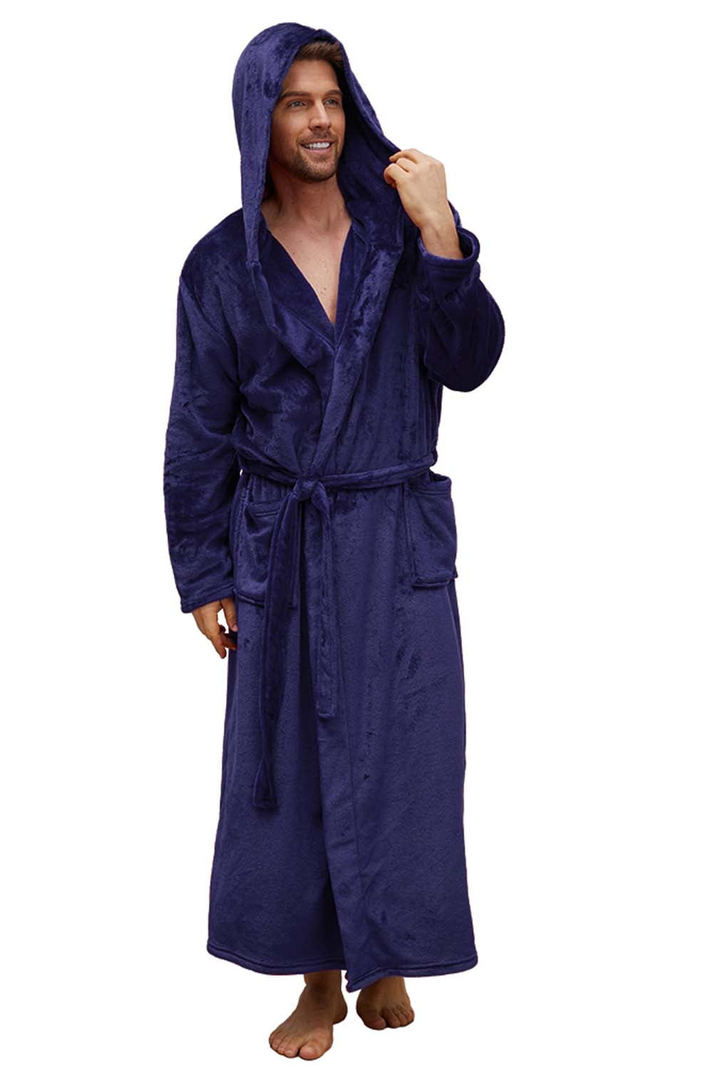 U2SKIIN Mens Robe with Hood,Full Length Plush Robe for Men Fleece Bathrobe（Navy, SmallMedium
