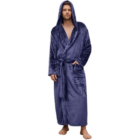 Mens Robe with Hood,Full Length Plush Robe for Men Fleece Bathrobe（Navy, XX-Large-3X-Large）
