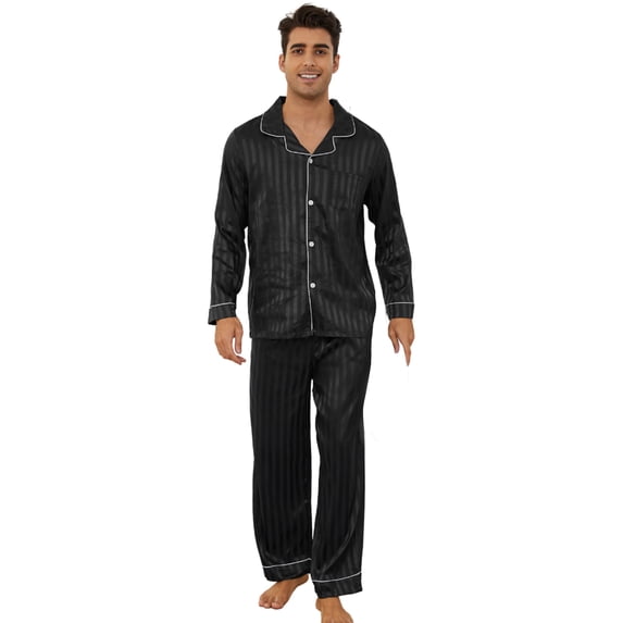U2SKIIN Mens Silk Pajamas, Long Sleeve Men Satin Pajamas Set Striped Button Down 2-Piece Pjs Set,(Black Stripe,L)