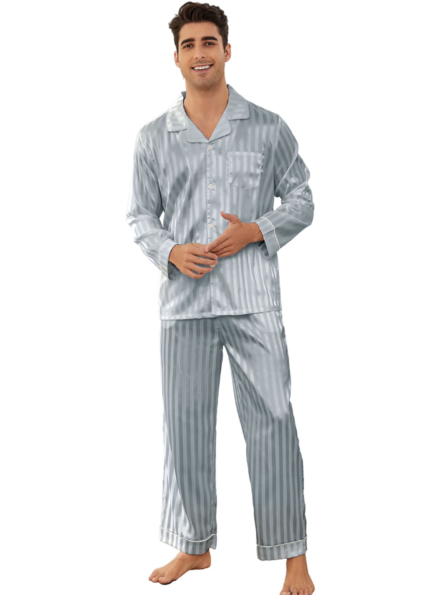 U2SKIIN Mens Silk Pajamas Long Sleeve Men Satin Pajamas Set Striped Button Down 2 Piece Pjs Set Blue Grey Stripe S Walmart