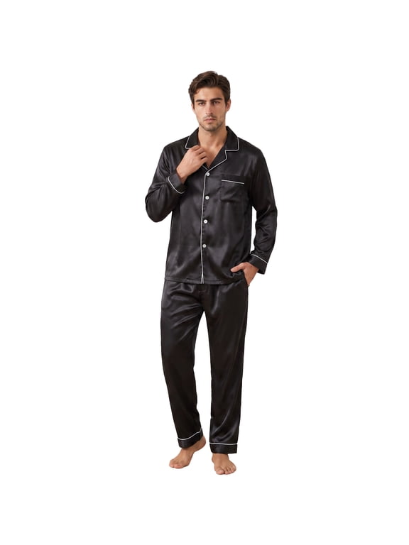 Mens Silk Pajamas Set, Long Sleeve Satin Pajamas for Men Sleepwear Button Down Pjs Set Two-piece(Black, Medium)