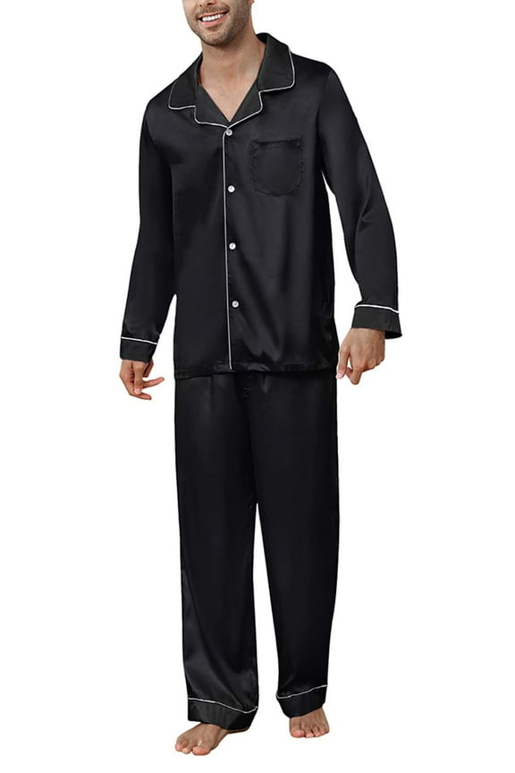 Mens Silk Pajamas Set, Long Sleeve Satin Pajamas for Men Sleepwear Button Down Pjs Set Two-piece（Black, X-Large）