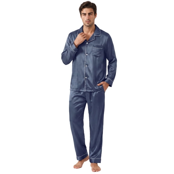 U2SKIIN Mens Silk Pajamas Set, Long Sleeve Satin Pajamas for Men Sleepwear Button Down Pjs Set Two-piece(Blue Grey, Large)