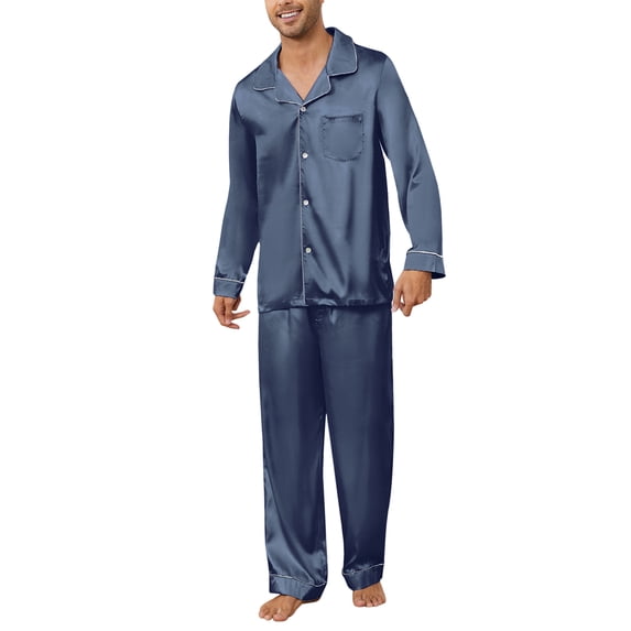 U2SKIIN Mens Silk Pajamas Set, Long Sleeve Satin Pajamas for Men Sleepwear Button Down Pjs Set Two-piece(Blue Grey, XX-Large)
