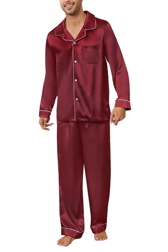 Mens Silk Pajamas Set, Long Sleeve Satin Pajamas for Men Sleepwear Button Down Pjs Set Two-piece(Burgundy, X-Large)