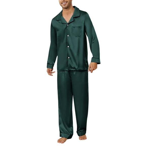 U2SKIIN Mens Silk Pajamas Set, Long Sleeve Satin Pajamas for Men Sleepwear Button Down Pjs Set Two-piece（Dark Green, Large）