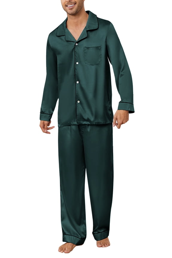 Mens Silk Pajamas Set, Long Sleeve Satin Pajamas for Men Sleepwear Button Down Pjs Set Two-piece（Dark Green, Large）