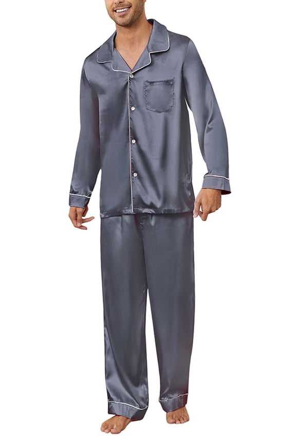 Mens Silk Pajamas Set, Long Sleeve Satin Pajamas for Men Sleepwear Button Down Pjs Set Two-piece(Dark Grey, Medium)
