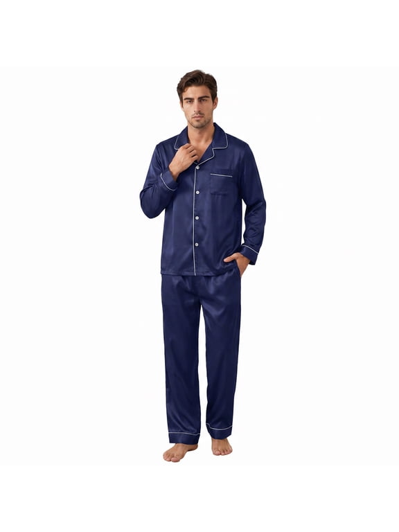 Mens Silk Pajamas Set, Long Sleeve Satin Pajamas for Men Sleepwear Button Down Pjs Set Two-piece(Navy, Large)