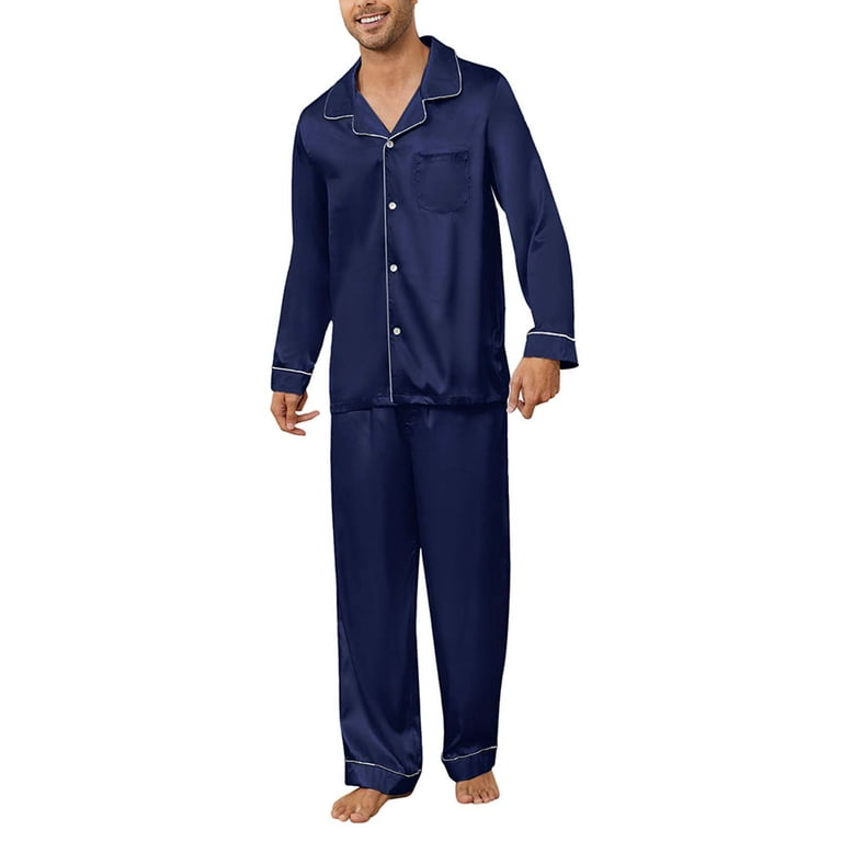 U2SKIIN Mens Silk Pajamas Set Long Sleeve Satin Pajamas for Men Sleepwear Button Down Pjs Set Two piece Navy Large