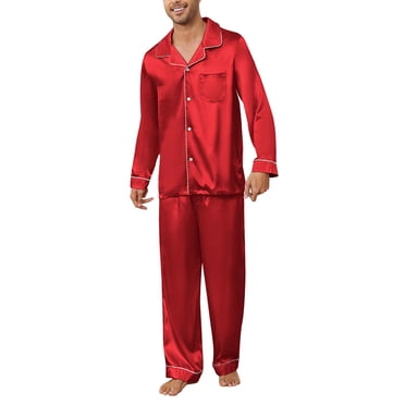 AUECK Men's Satin Pajama Set - Short Sleeve Button Down Shirt & Lounge Pants, Soft Silk-like Sleepwear, With Pockets