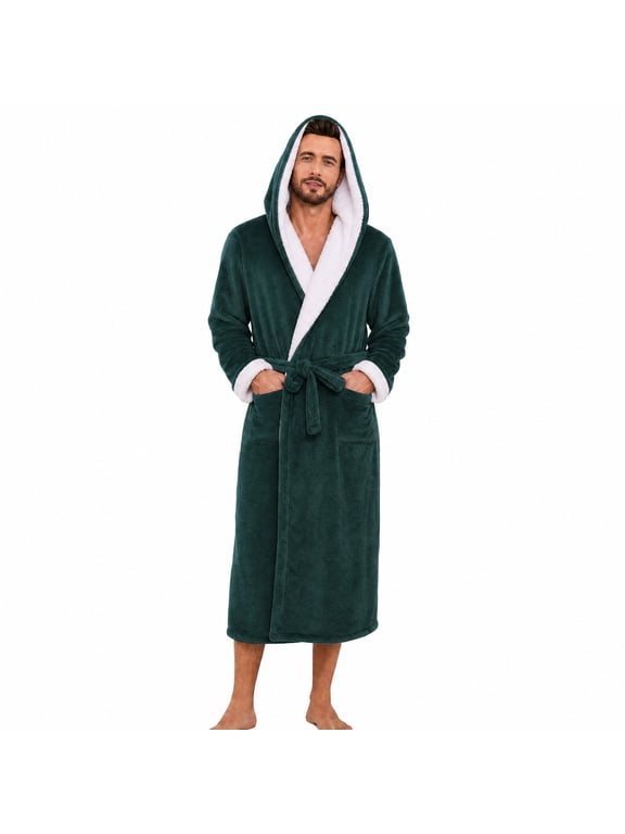 Mens Ultra Soft Plush Bathrobe with Hood, Warm Fleece Robe with Pockets Spa Robes for Men Cozy Fluffy Fuzzy(Dark Green, L/XL)