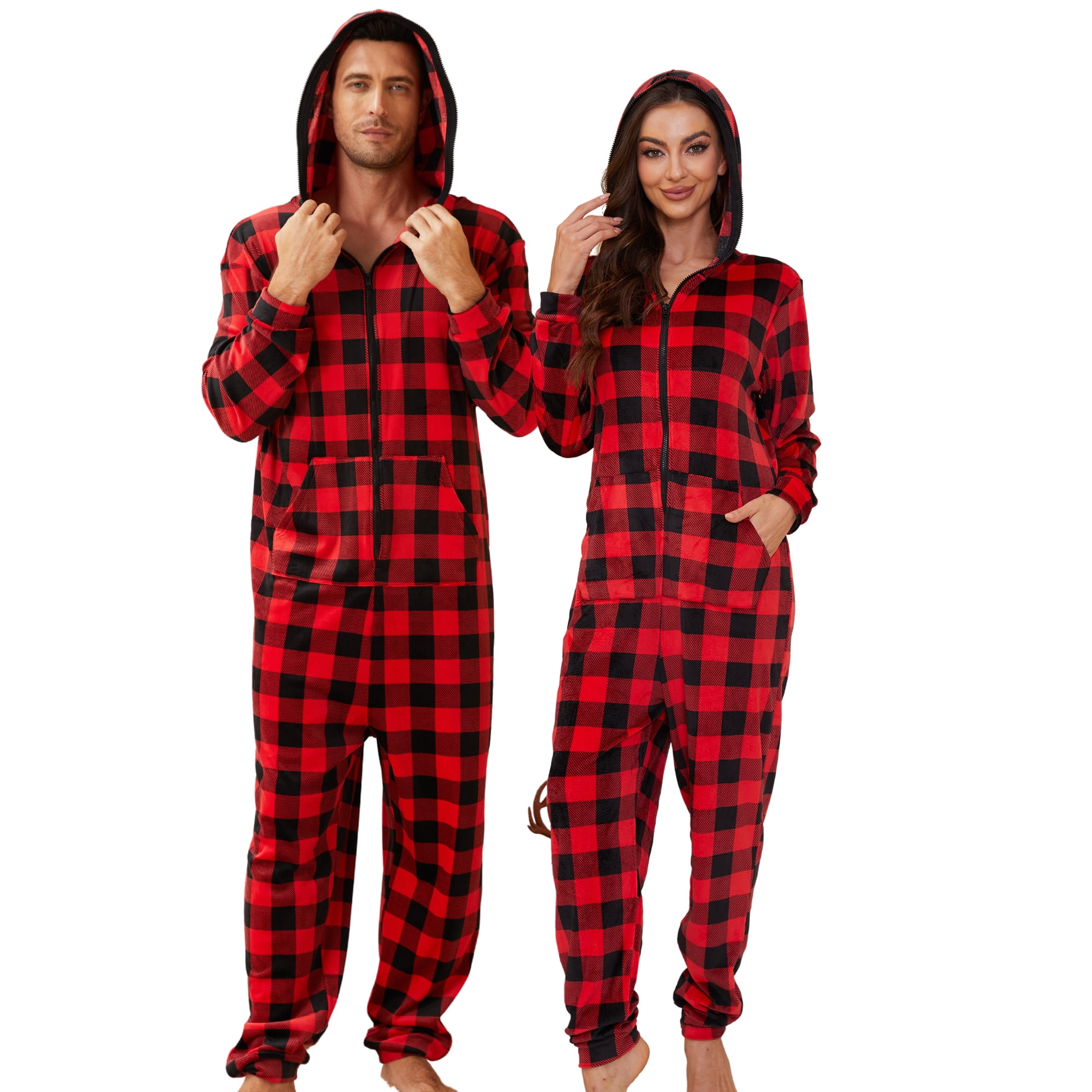 U2SKIIN Pajamas for Men Onesie, Zipper Matching Jumpsuit for Couples Ultra Soft Plaid Hooded Pjs Set,(Buffalo Plaid-Red,S)