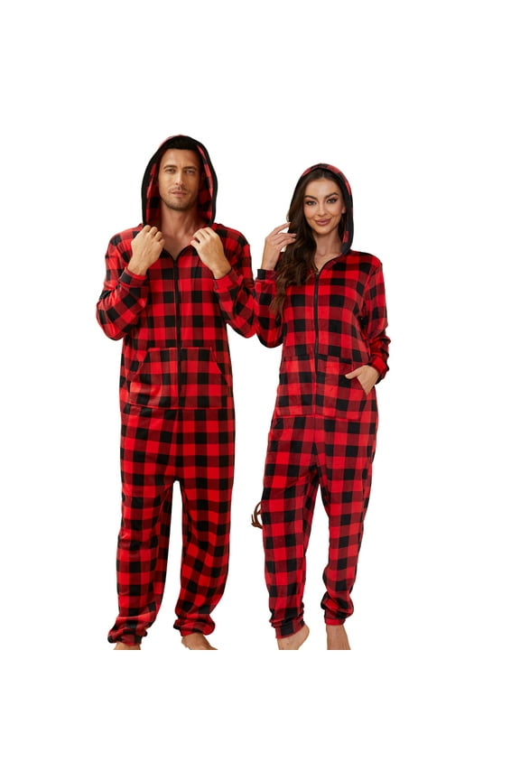 Pajamas for Men Onesie, Zipper Matching Jumpsuit for Couples Ultra Soft Plaid Hooded Pjs Set,(Buffalo Plaid-Red,S)