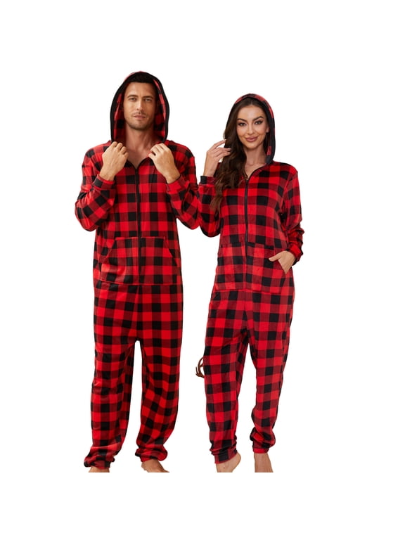 Pajamas for Men Onesie, Zipper Matching Jumpsuit for Couples Ultra Soft Plaid Hooded Pjs Set,(Buffalo Plaid-Red,XL)