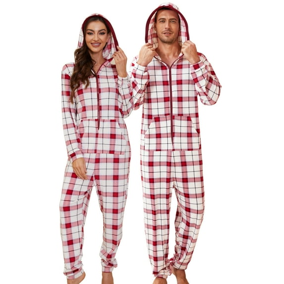 U2SKIIN Pajamas for Men Onesie, Zipper Matching Jumpsuit for Couples Ultra Soft Plaid Hooded Pjs Set,(Burgundy Blue Plaid,L)